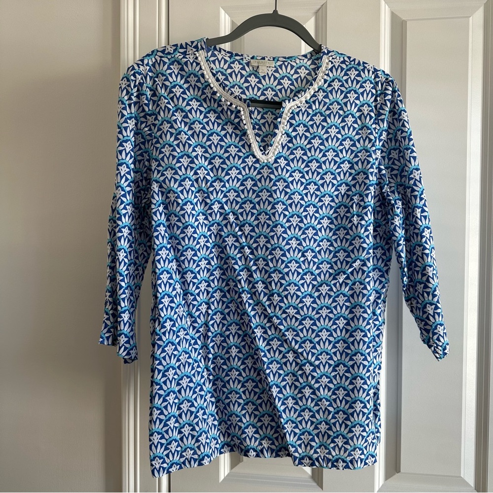 Talbots Blue White Blouse Tunic Size LP